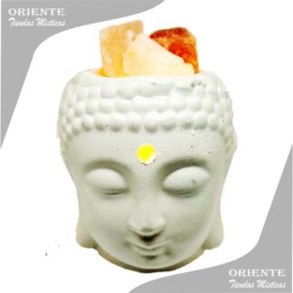 lampara de ceramica con la cabeza de buda en blanco y piedras del himalaya dentro de la misma