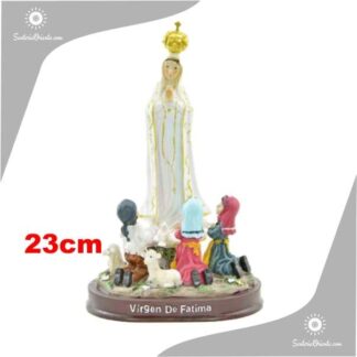 imagen de la Virgen de Fatima con los pastores de resina poliester de 23 cm